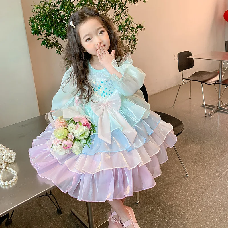 

Girls Spring and Autumn New Puffy Gauze Sequin Bow Cake Dress Dress