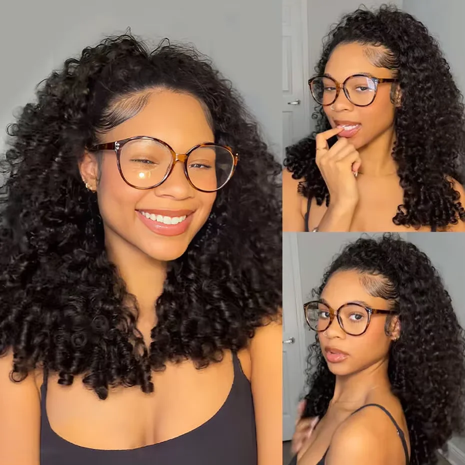 32 Inch Natural Black Curly Brazilian Remy Human Hair 3 In 1 Half Wig 200% Density No Leave Out Full Machine Made Seamless Clips Adjustable Drawstring Soft Bouncy Minimal Shedding Heat Resistant Wigs For Black Women