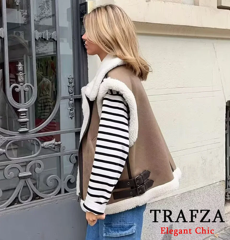 TRAFZA Fall Winter Suede Fleece Vest Women\'s Zipper Pocket High-Collar Coat Vest New 2024 Fashion Casual Winter Oversize Vest