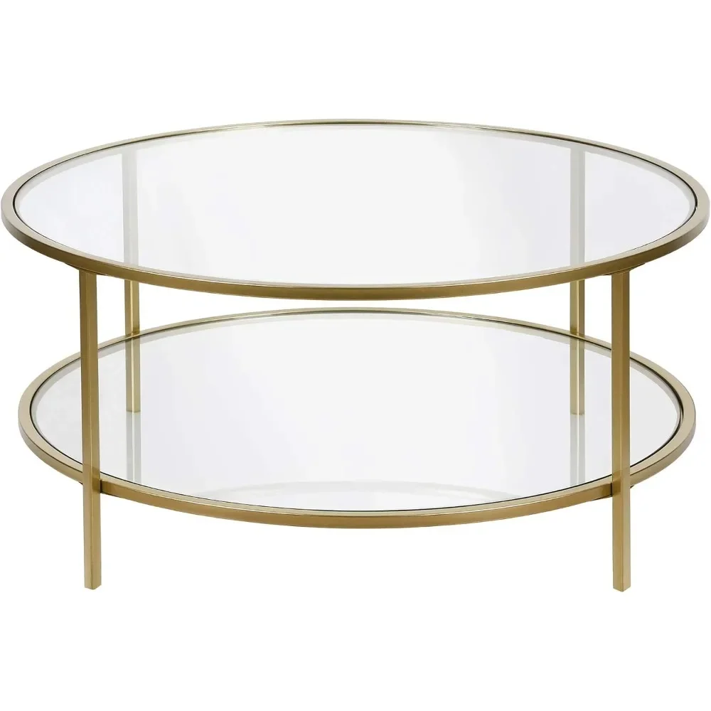 Round Brass Glass Countertop Coffee Table, mesa de sala, 36 "Wide