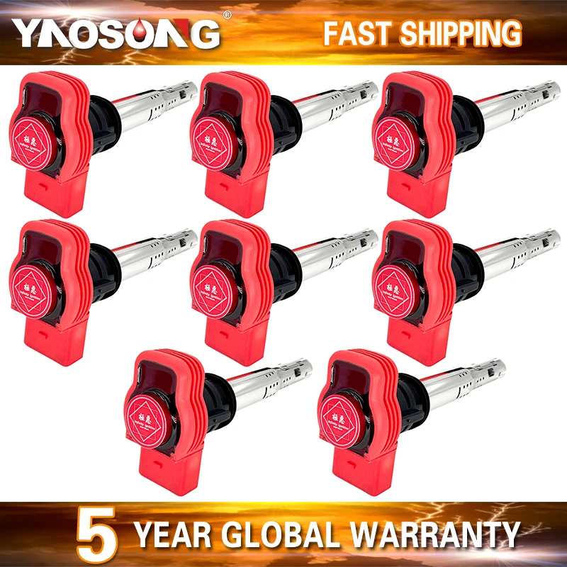 8PCS HIGH PERFORMANCE RED IGNITION COIL UF529 06E905115 FOR AUDI A6 A8L Q7 R8 S4 S5 S8 VW TOUAREG 4.2 V8