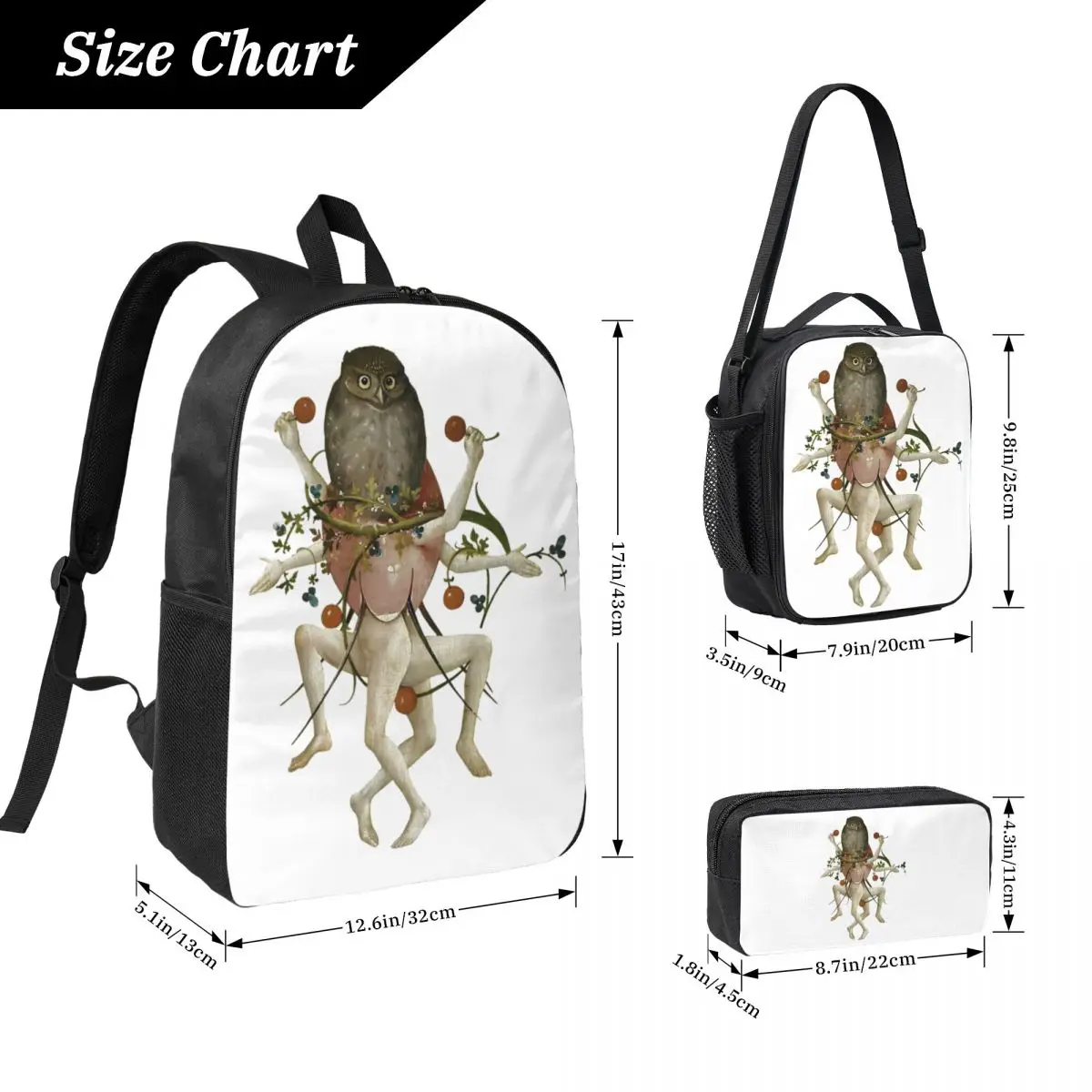 Hieronymus Bosch Dancing Owl Backpack Student BookBag School Bag Computer Shoulder Bags 3ps Insulated Lunch Bag Pencil Case