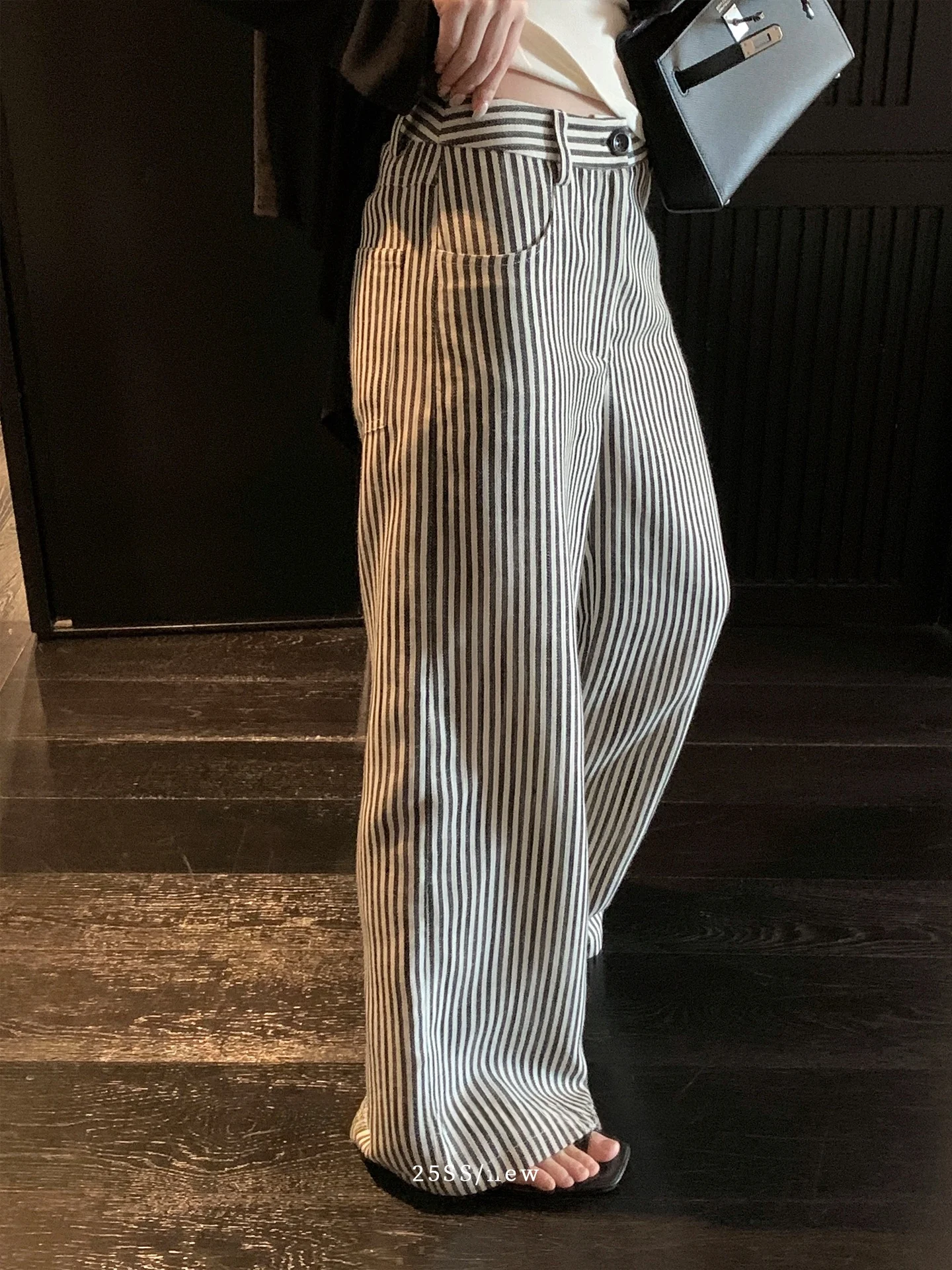 

Широкие брюки в полоску для женщин, летние, свободные, повседневные, прямые, из смесового хлопка, для ленивого стиля, для работы и отдыха, модные повседневные брюки