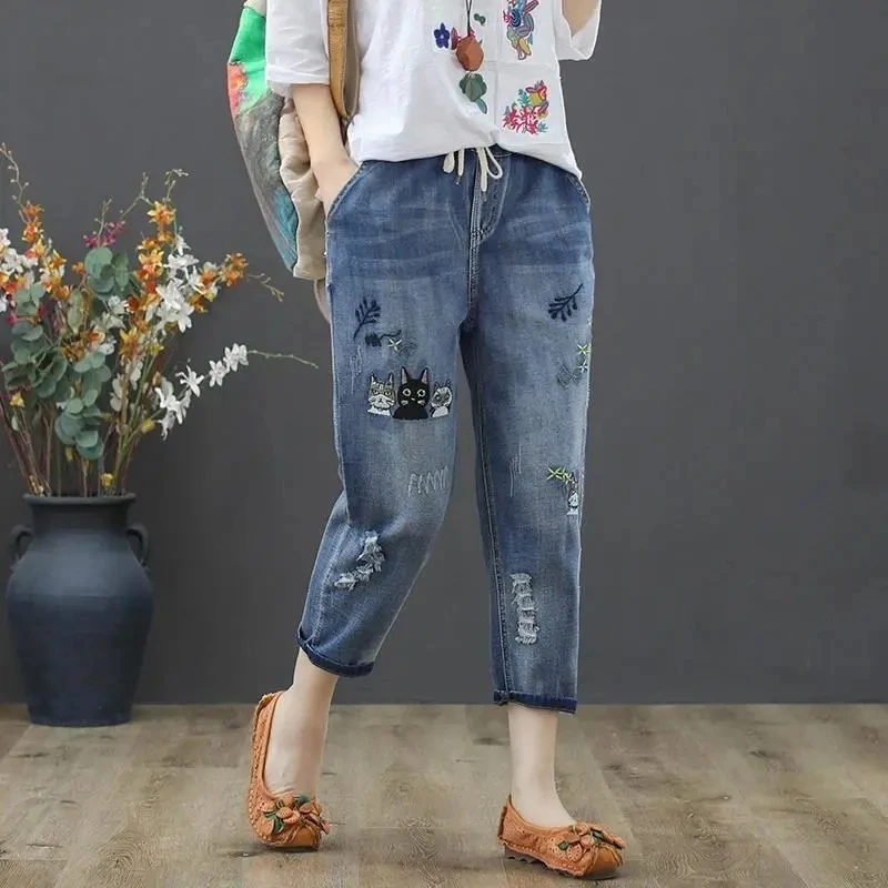 Women Jeans Pants Summer Vintage Floral Embroidery Casual High Waist Baggy Jeans Femme Light Blue Denim Harem Pants