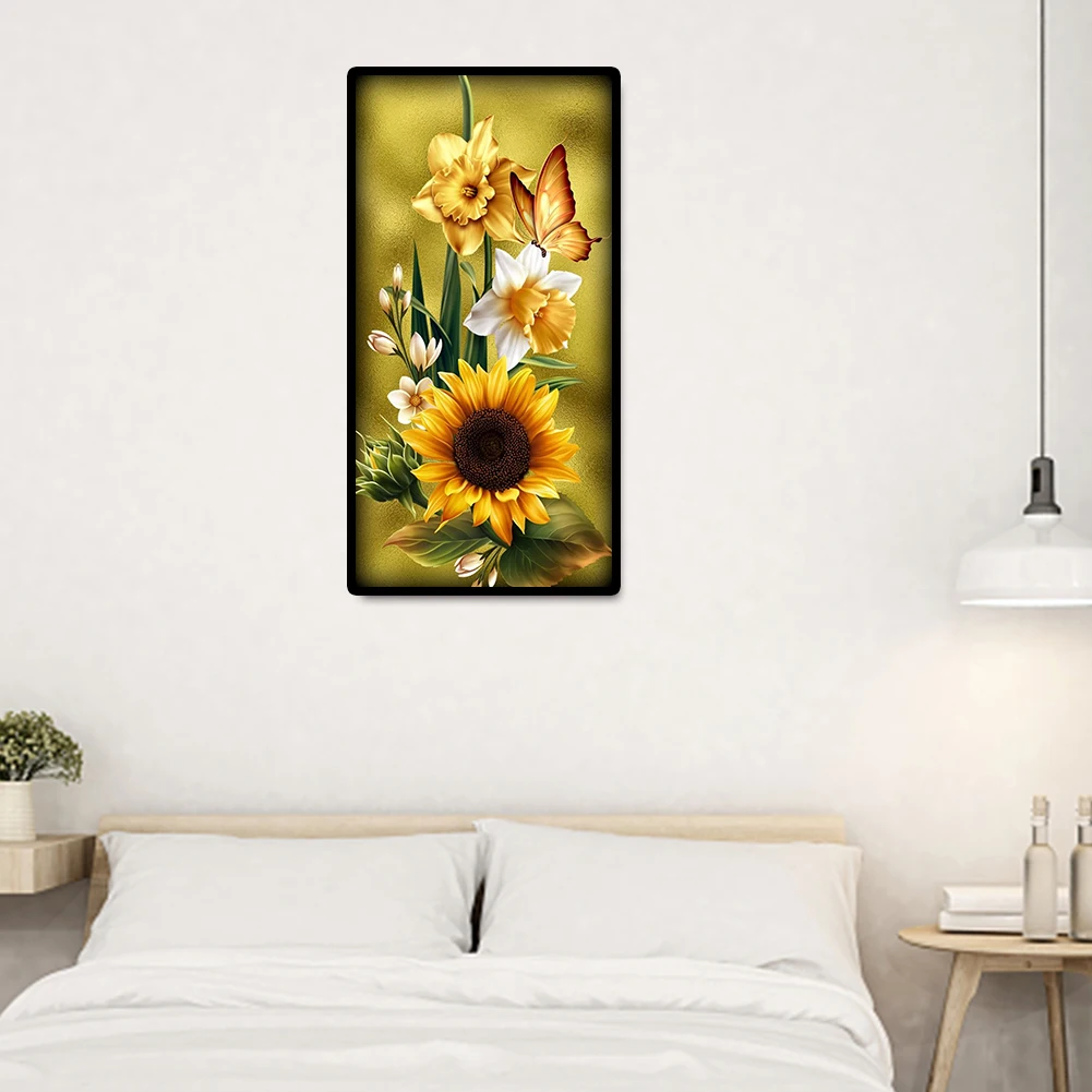 5D DIY الماس الراين لوحات عباد الشمس نمط الماس الفسيفساء 17.72X3.46in الحفر الكامل الماس الفن لديكور جدران المنزل
