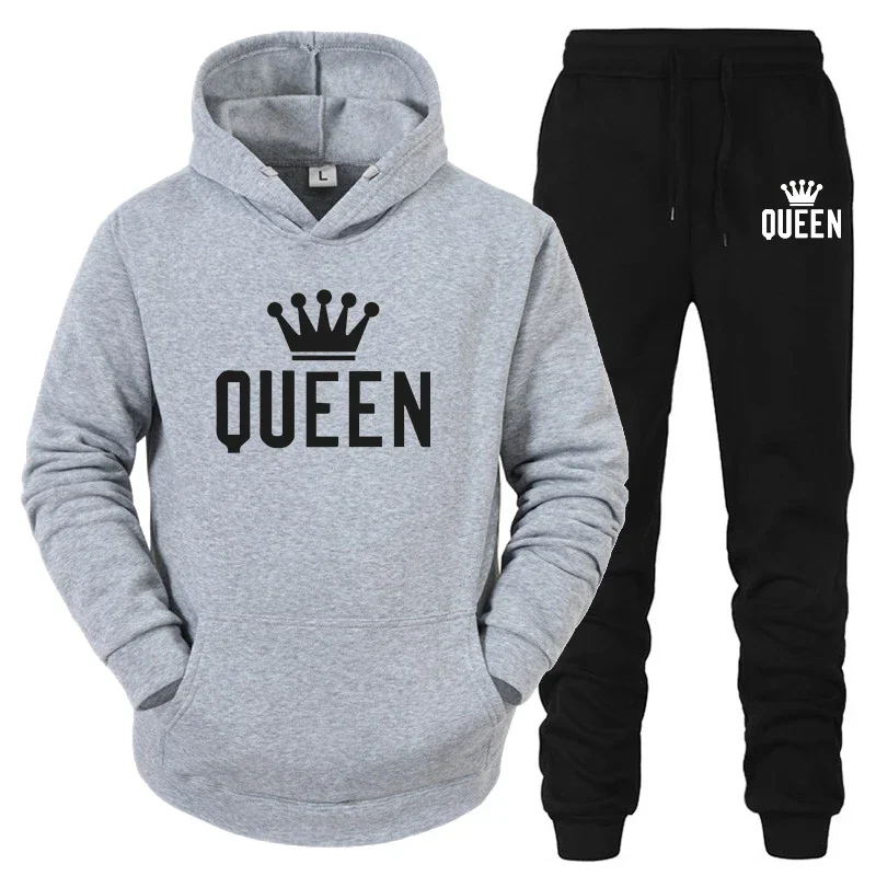 2023 Hot Sale Couple Fashion Tracksuit King Queen Hoodies and Sweatpants High Quality Men Women Daily Casual Sports Jogging Suit