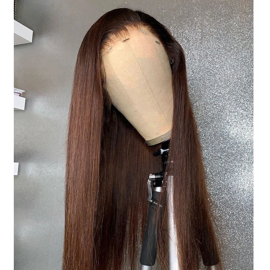 Dark Brown Glueless Long Silky Straight 180Density 26inch Deep Lace Front Wig For Women With Baby Hair Preplucked Daily