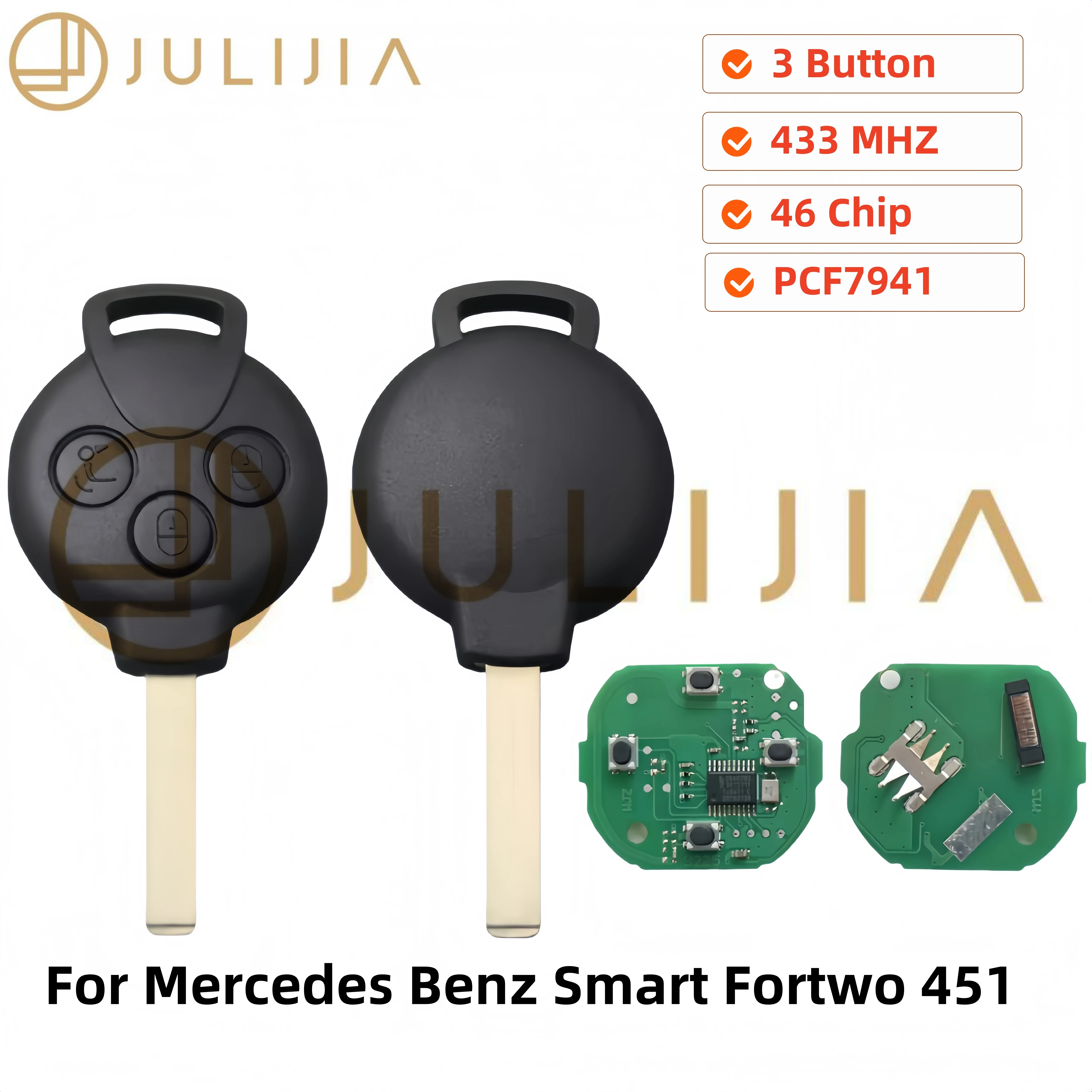 JULIJIA Car Remote Smart Key For3 Buttons  Mercedes-Benz Smart Fortwo 451 2007-2013 433Mhz 7941 Chip Keyless Entry Transmitter
