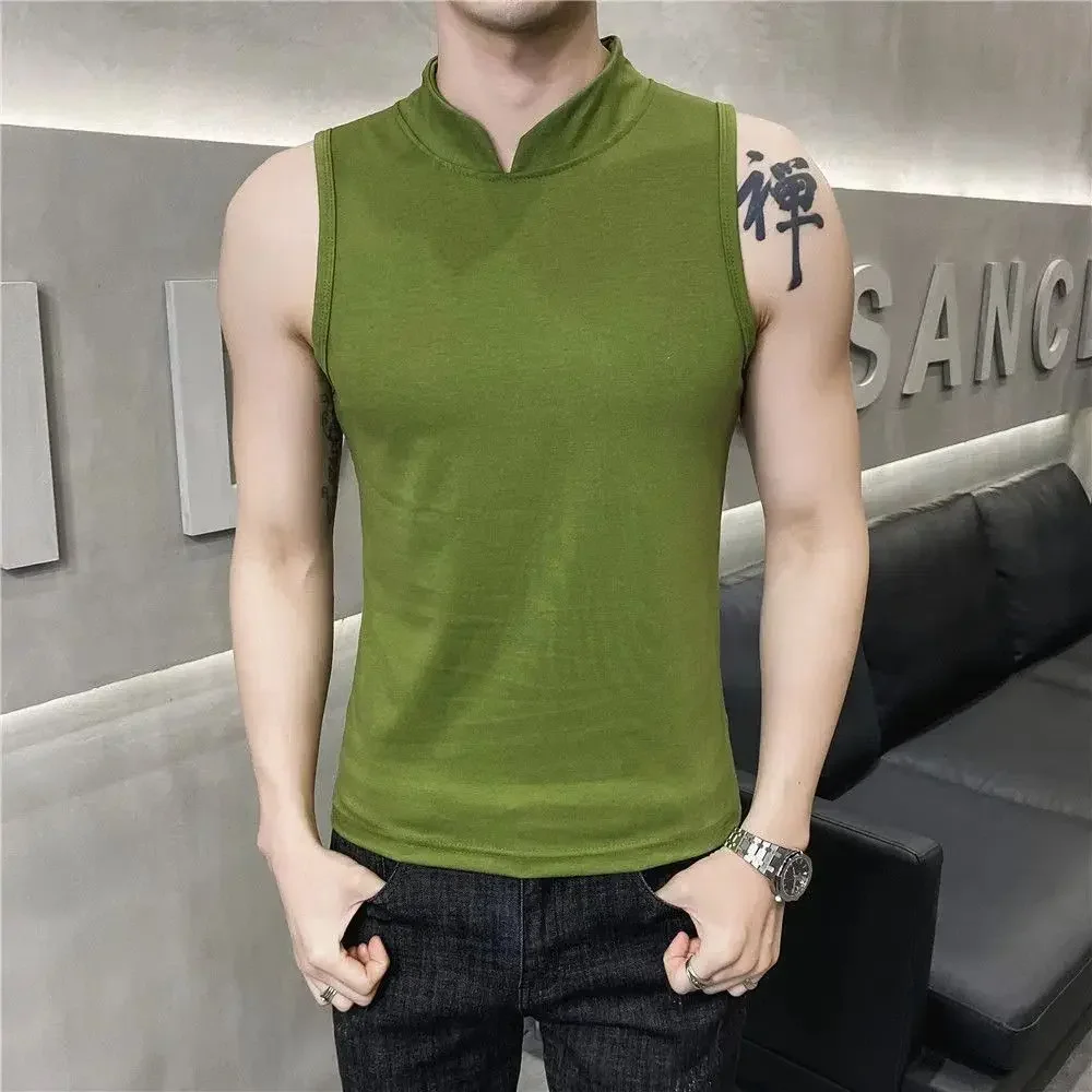 Men\'s Summer Sexy Vest Small High Collar Breathable Sports Fitness Bottom Undershirt Sexy Slim Fit Tight Sleeveless Top T-Shirt