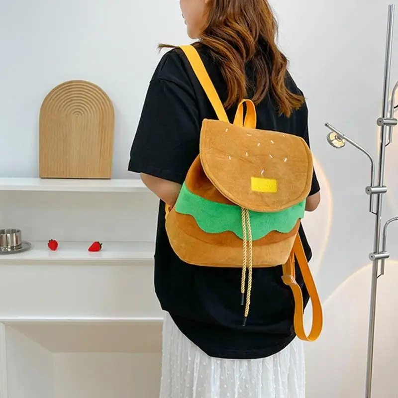 

D0UD Women's Drawstring Backpack Girls Cartoon Hamburger Backpack Student School Bag