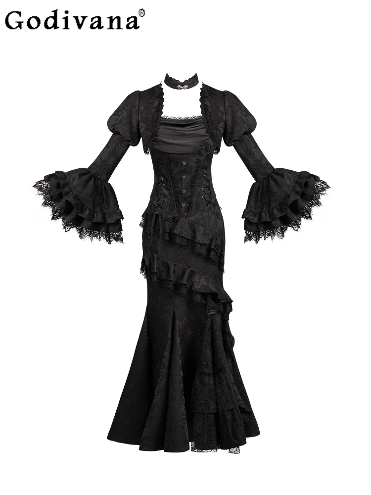 

Gothic Lolita Black High Waist Lace Splicing Cake Skirts Spring Autumn New Fashion Versatile Slim Irregular Fishtail Long Skirt