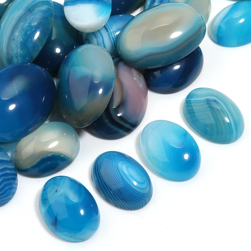 

5pcs Natural Stone Cabochon Blue Stripe Agate Flat Oval Loose Beads Cabochon Cameo For DIY Jewelry Making Ring Pendants Supplies