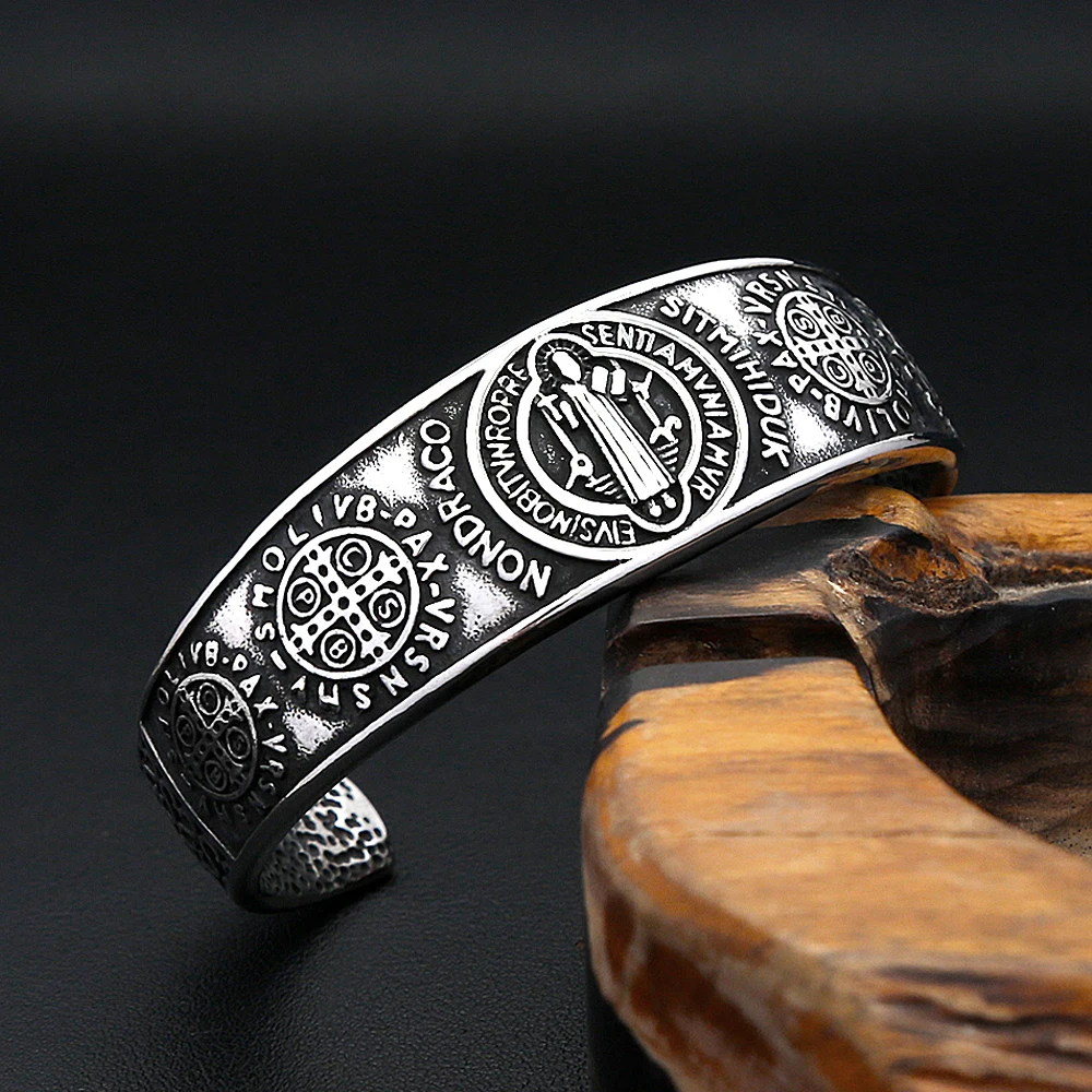 Vintage Exorzismus-Armband mit dem Heiligen Benedikt für Männer und Frauen, Edelstahl, Hip-Hop, Biker, Öffnungsarmband, Amulett, kreatives Schmuckgeschenk