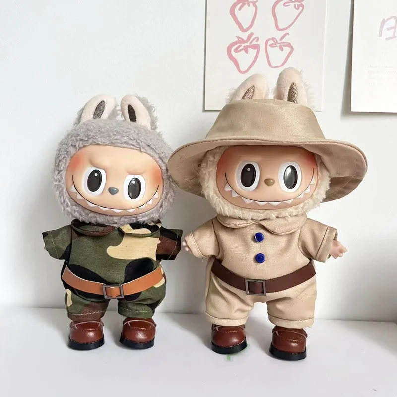 

17cm Labubu I II Dolls Clothes The Monster Outfit Accessories Clothing DIY Kids Gift Camouflage Jumpsuit Hat And Shoes FM13G