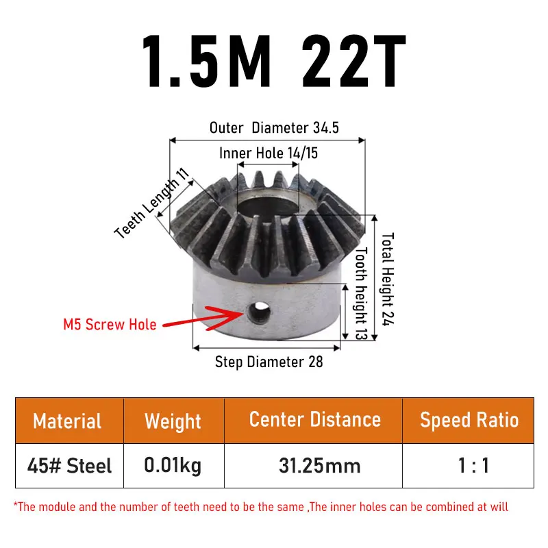 Bevel Gear 1.5 Modulus 22Teeth With Inner Hole 14mm 15mm 90 Degree Drive Commutation Carbon Steel Gears With Screw