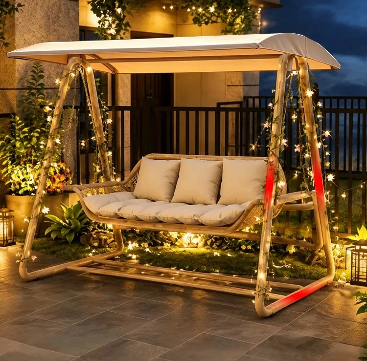 Rattan Outdoor Hanging Swing Chair, Patio Porch Cradle Hammock for Garden Courtyard, Boho Balcony Swing Seat