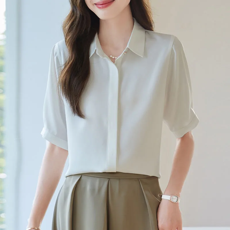 

Women Shirt Blouse White Black Turn Down Collar Shirt Blouse Women Tops New Summer Short Sleeve Camisas De Mujer Blouses Q4719