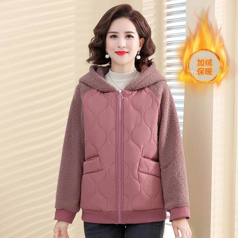 Middle-aged Mother Winter Jacket Fashion Hooded Parkas Thick Cotton Lamb wool Patchwork Coat Warm short Casual Women's Outwear