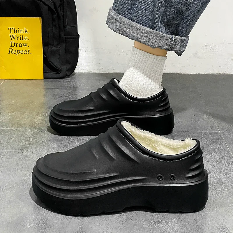 Men Winter Shoes Warm Slippers Plush Lining Indoor Cotton Slippers Printed Platform Outdoor Shoes House Waterproof Home Slippers