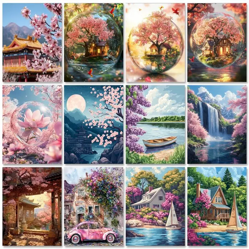 

CHENISTORY Pink Scenery Paint By Numbers Kits For Adults Landsape Handpainted Coloring By Numbers Artwork Home Wall Art
