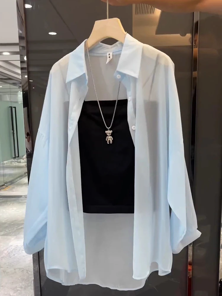 

Commute Friendly Pearl iny Ice Silk Cool Feeling Summer New Women's Sun Protection irt Loose Fit Long Sve Button Design