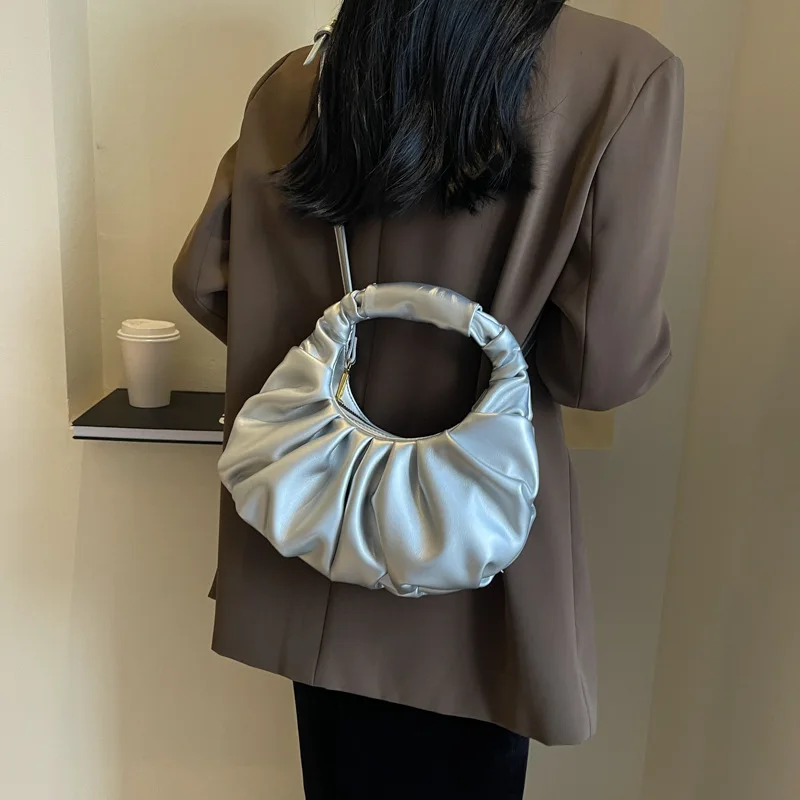 Y2k Aesthetic Solid Pleated Top-Handle Bag Vintage All Match Elegant Shoulder Crossbody Bag New Simple Women Purses and Handbags