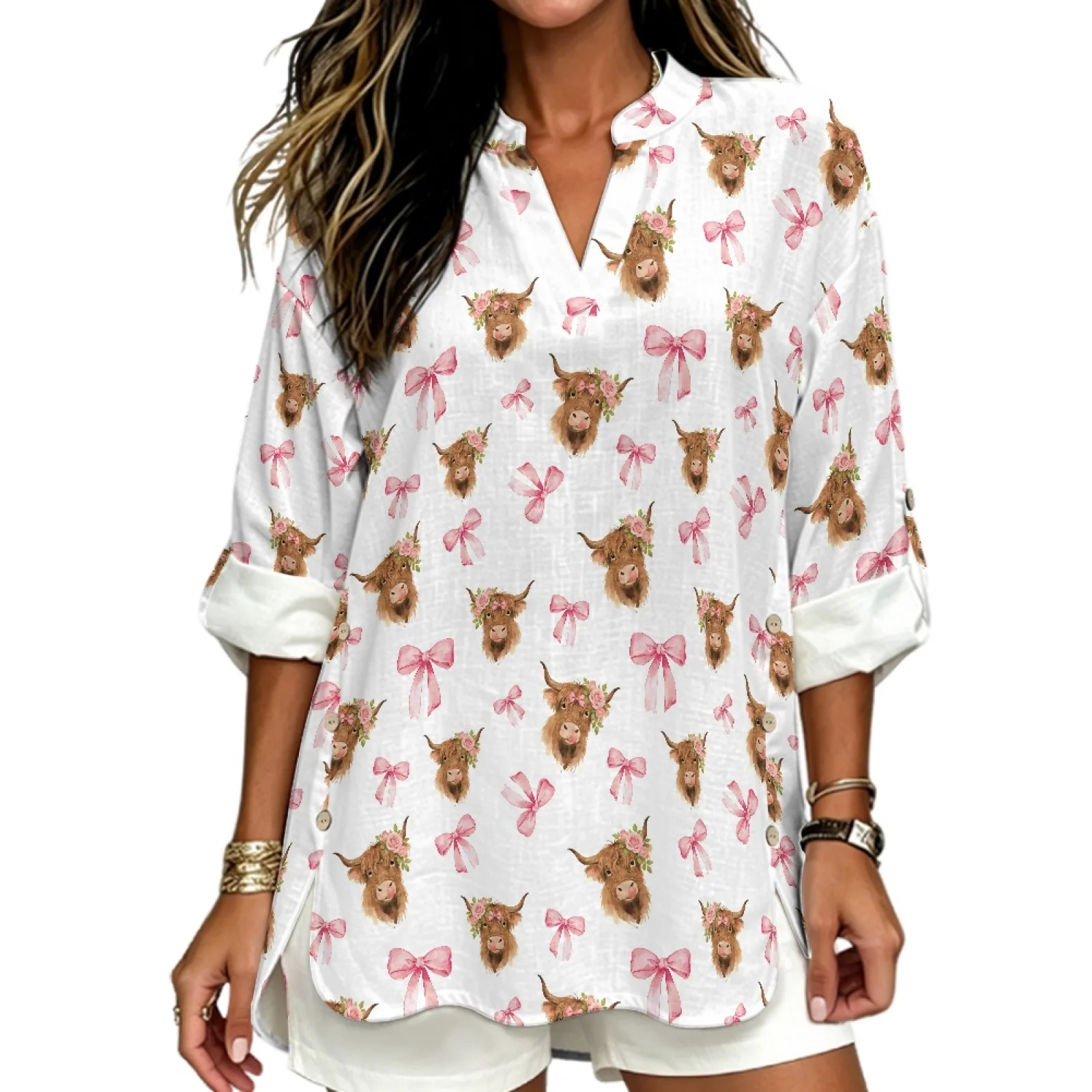 PENSTROLL Highland Cow Linen Like Tunic Shirts Curved Hem Long Sleeve Blouse for Ladies Sizes S-5XL