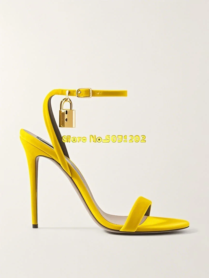 

Velvet Ankle Strap Lock Sandals Thin High Heel Open Toe Ankle Buckle Strap Runway Fashion Summer Women Sandals Solid