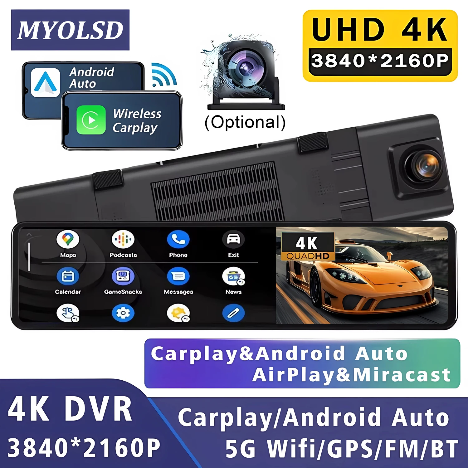 Car DVR 11.26” 4K Carplay Android-Auto Dash Cam Dual Len Video Drive Recorder Stream Mirror Dashcam Camera 5G Wifi GPS BT FM