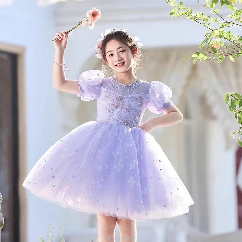 Purple Girls Party Dress Princess Gown Kids Formal Outfit Birthday Pageant Piano Recital Performance Host Flower Girl Wedding