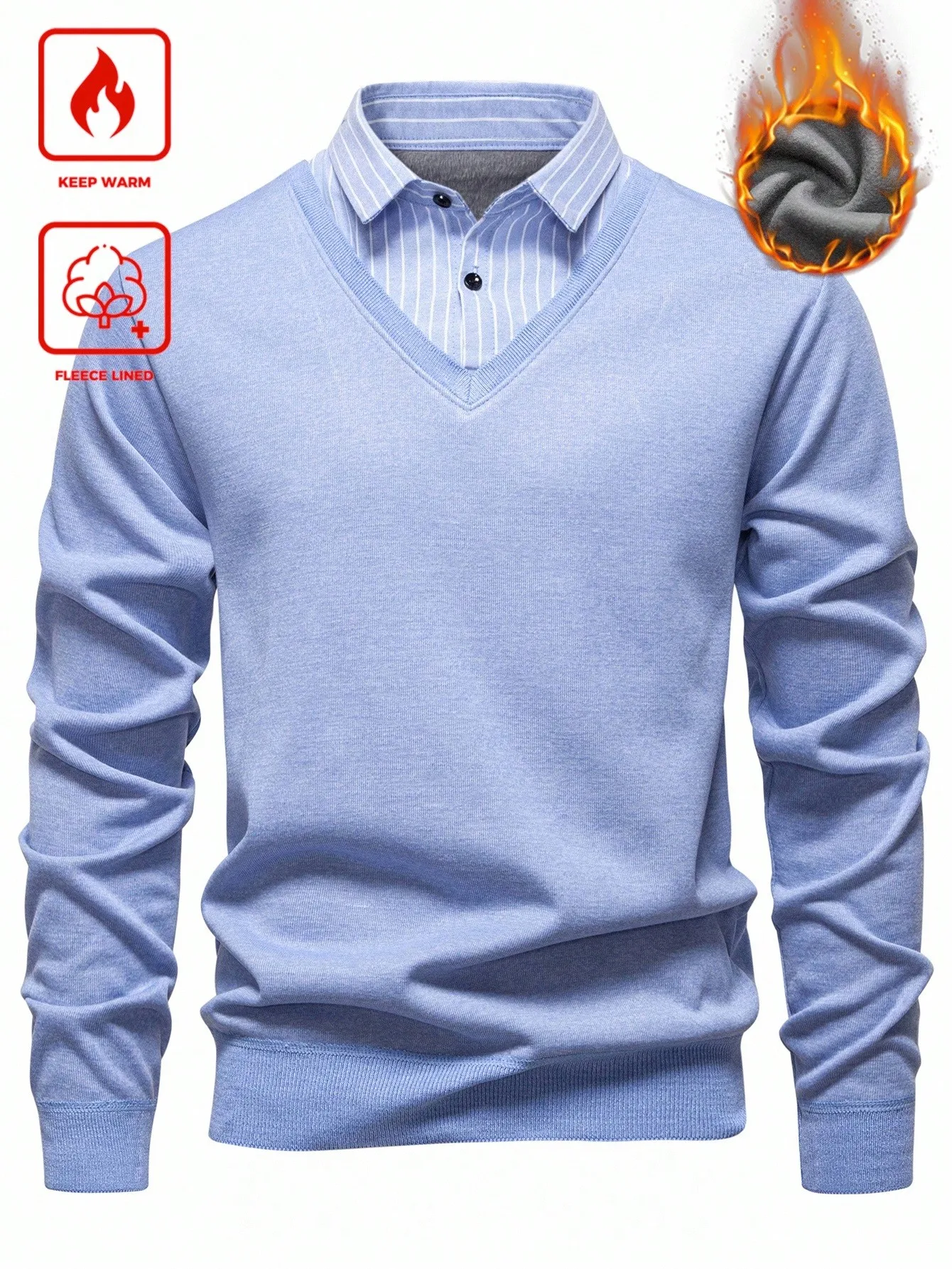 

Men's Fleece Lined V-Neck Long Sleeve Sweater with Shirt Collar, Autumn Winter Warm Casual Top