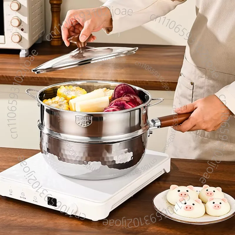 316L Stainless Steel Modern Double Glass Lid Soup Pot, Wooden Handle, Large Capacity, Suitable for Gas Induction