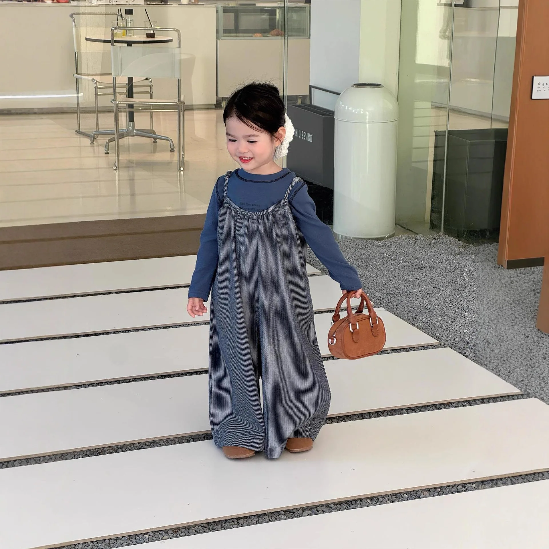 Girls Set Autumn Korean Loose Jumpsuit with Striped Camisole Wide Leg Pants Blue Letter Base Shirt Casual Daily Temperament