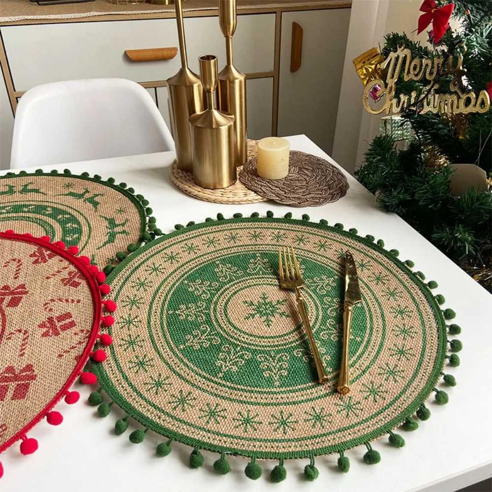 Santa Snowflakes Jute Christmas Placemat Round Retro Tableware Mat Vintage Heat Insulation Coaster Dinner