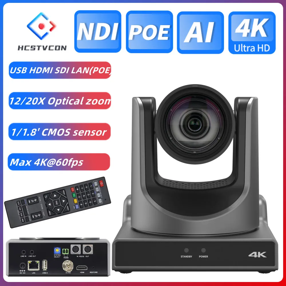 4K NDI PTZ Camera 60fps USB HDMI SDI LAN for Church Video Conference Broadcast 12/20X Optical Meeting Zoom Church Live Stream