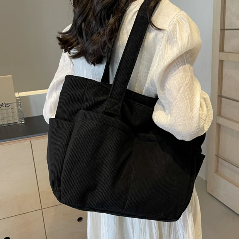 Bolsa tote de veludo feminina de grande capacidade, casual, listrada, bolsa de ombro com alças fixas, bolsa com zíper para deslocamento diário