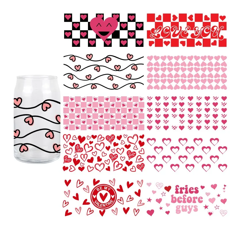 Love Theme 3D UV DTF Transfer Sticker For Wraps Cup Fashion Waterproof Dureable Sticker For Libbey 16 OZ Glass Cup Decals