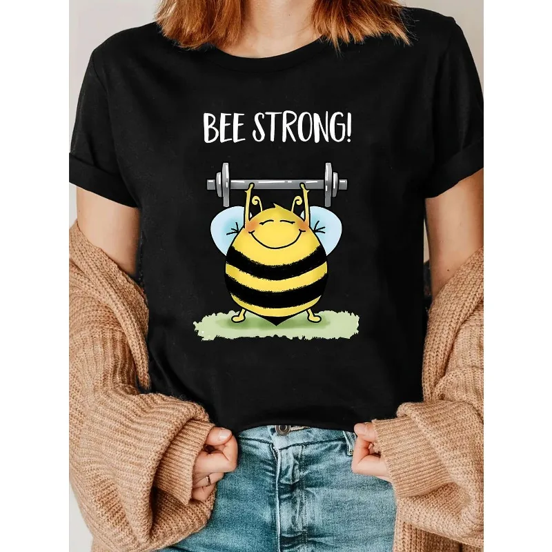 Funny Bee Pattern Pure Cotton Printed Men's and Women's Personalized Round Neck Short Sleeved New Fashionable Casual T-shirt