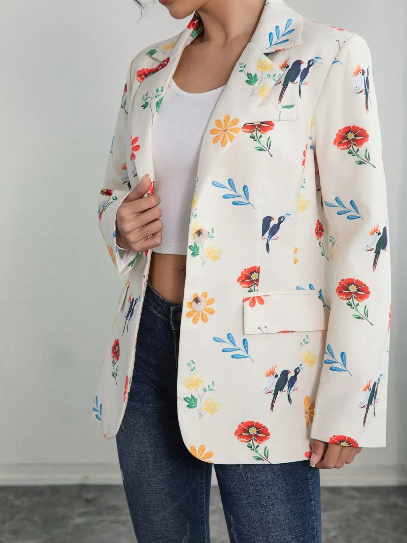 سترة نسائية جديدة على الطراز الفرنسي وأناقة بطبعة زهور وطيور واحدة الصدر للركاب غير رسمية بأكمام طويلة