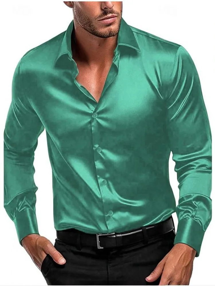 Camisa de negócios de mangas compridas masculina, sedosa, cor sólida, lapela, casual, escritório, primavera, outono, moda, novo, 2024