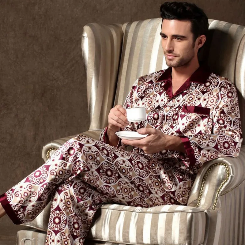 High-grade Silk Pajamas Men Long Sleeve Spring and Autumn Ice Silk Men Youth New Imitation Silk Home Suit Set Winter Dad Comfort