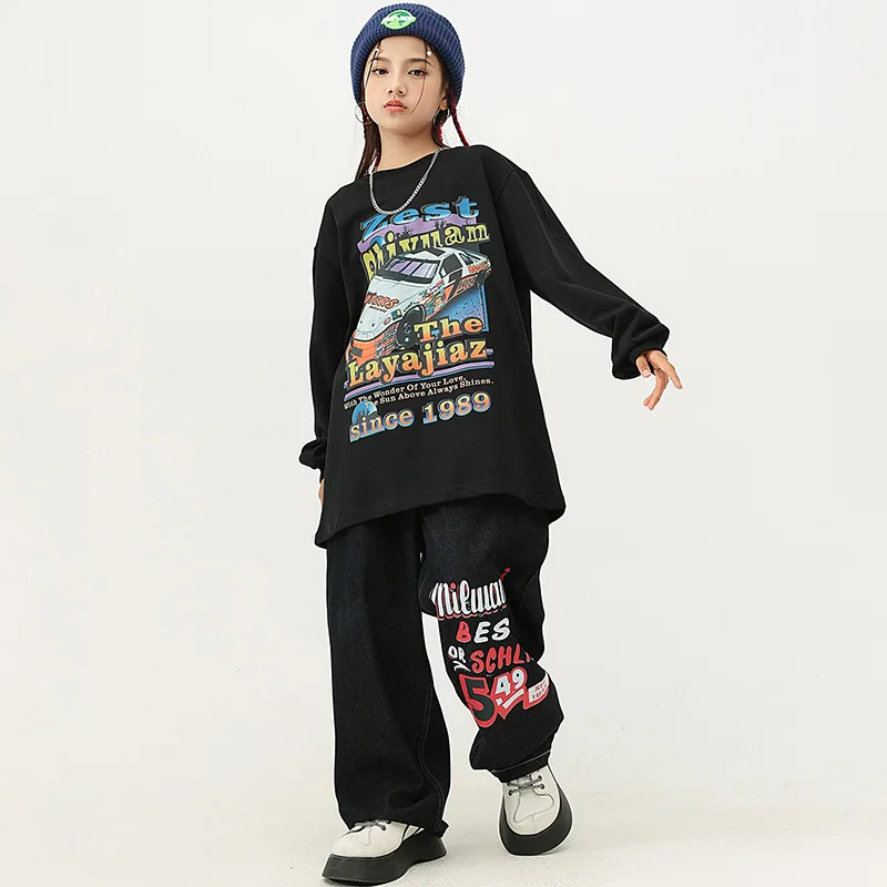 Gilet de danse de rue pour garçons et filles, veste patchwork, t-shirts avec lettres, pantalon jean, olympiques de jazz de performance, hip-hop adt