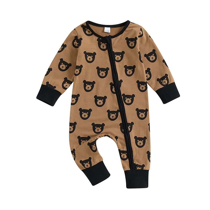 

Baby Jumpsuit Long Sleeve Crew Neck Bear Print Zipped Fall Romper Clothes for Boys Girls