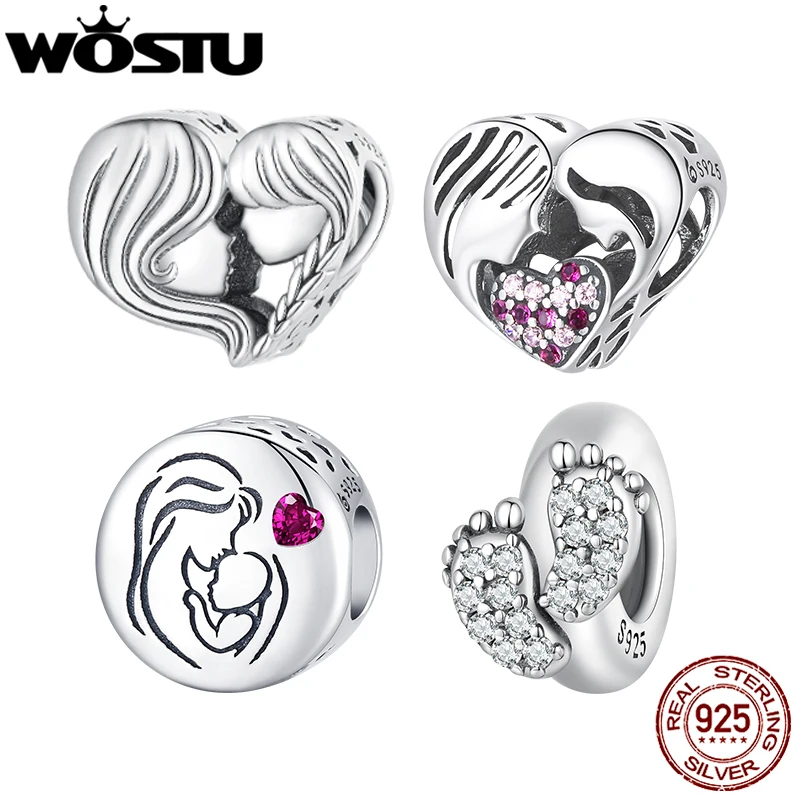 WOSTU 925 Sterling Silver Red Zircon Heart Charms Hollow Pendant Cute Barefoot Bead Fit Bracelet DIY Necklace Mother's Day Gift