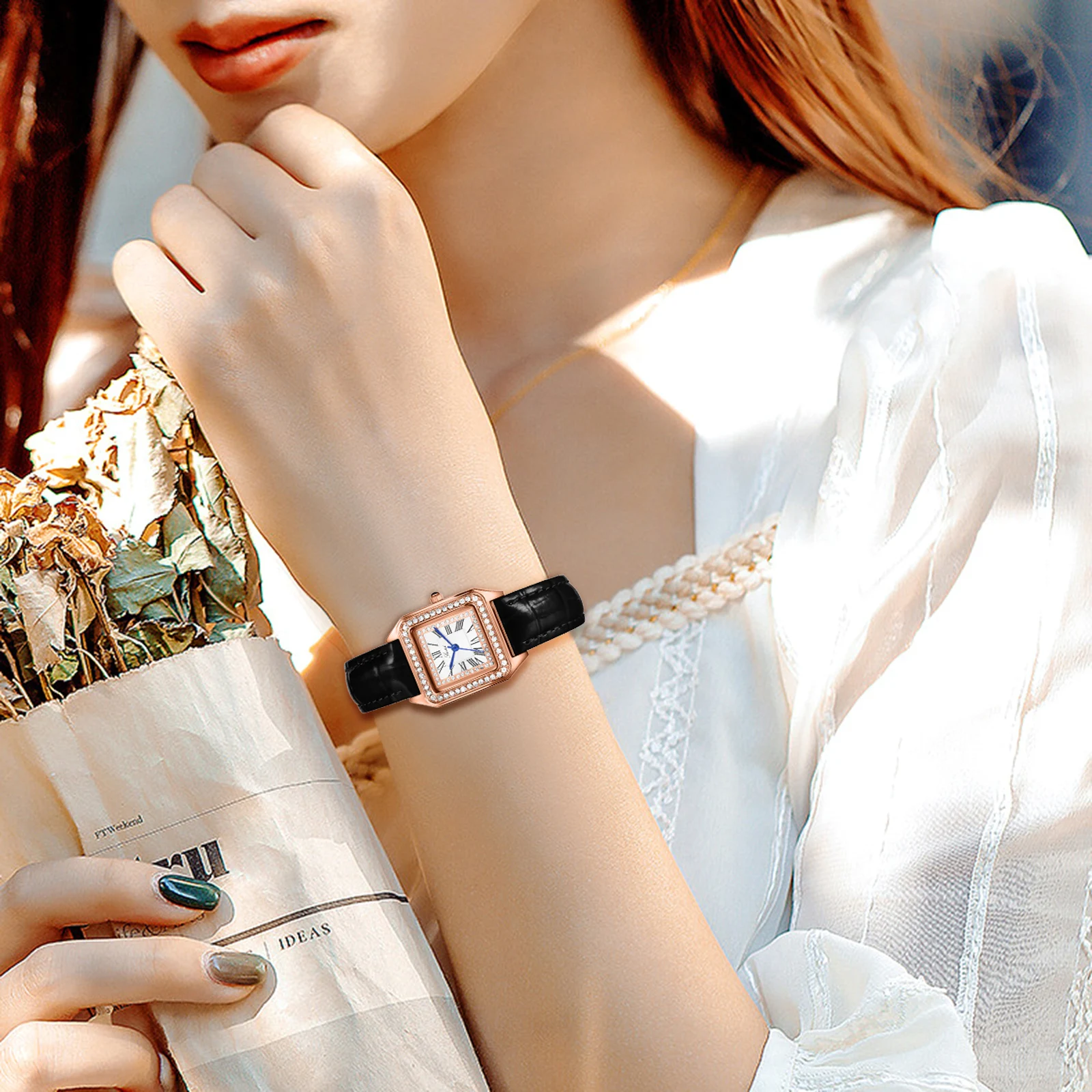 Lancardo نساء بنات ساحة الأرقام الرومانية التناظرية حجر الراين عرض فاخر الهاتفي الفولاذ المقاوم للصدأ حلقة من الجلد ساعة معصم هدية