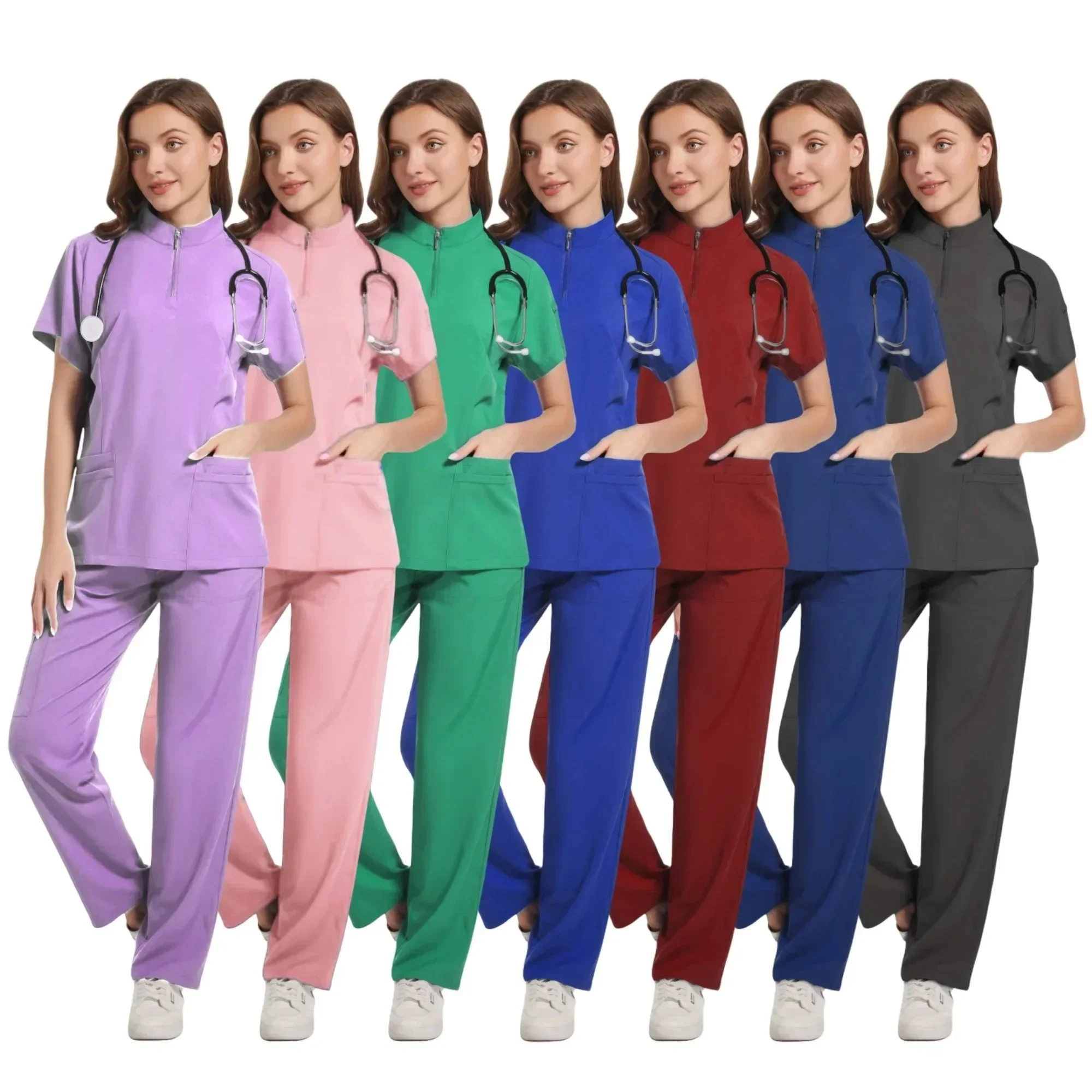 

Uniform Nurse Women Scrubs Tops Medical Pocket Uniform Men Short Sleeve V-neck Nursing Shirt Lab Spa Blouse Medical Accessories