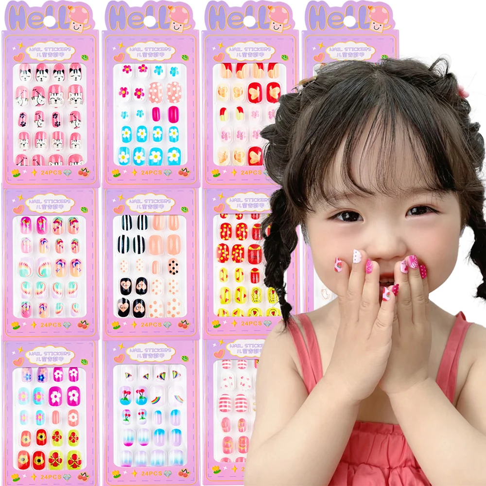 24 szt. Dziecięce Śliczne Kreskówkowe Sztuczne Paznokcie Akrylowe Naklejane Paznokcie dla Dzieci Kawaii Kwiaty Koty Pełne Pokrycie Noszone Sztuczne Paznokcie