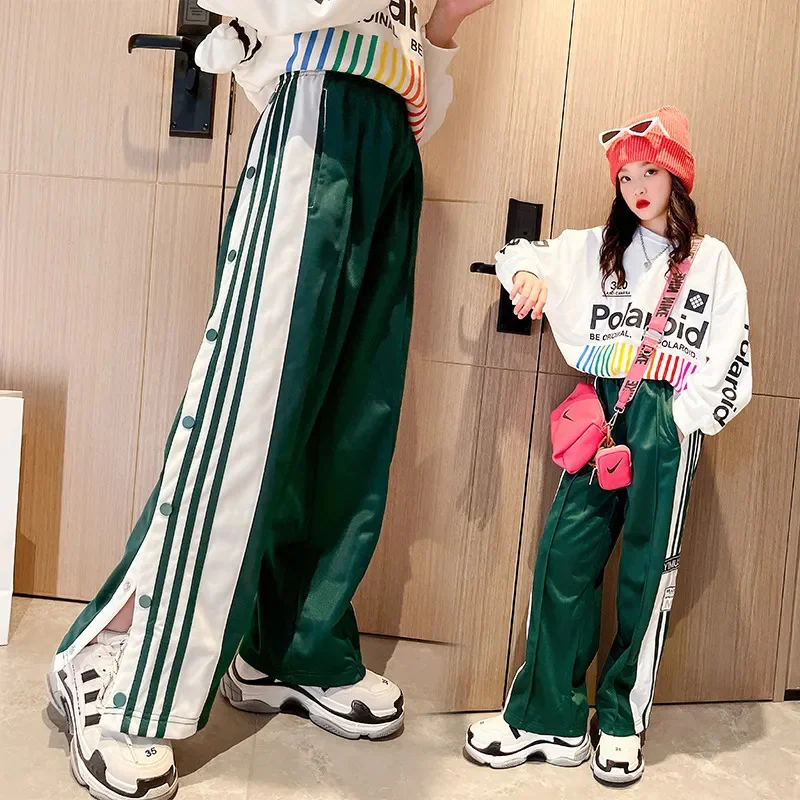 Girls Casual Pants Suit Spring Autumn Fashion New White Letter Print Tops + Green Side Striped Trousers 2pcs Tracksuit Set 4-14Y