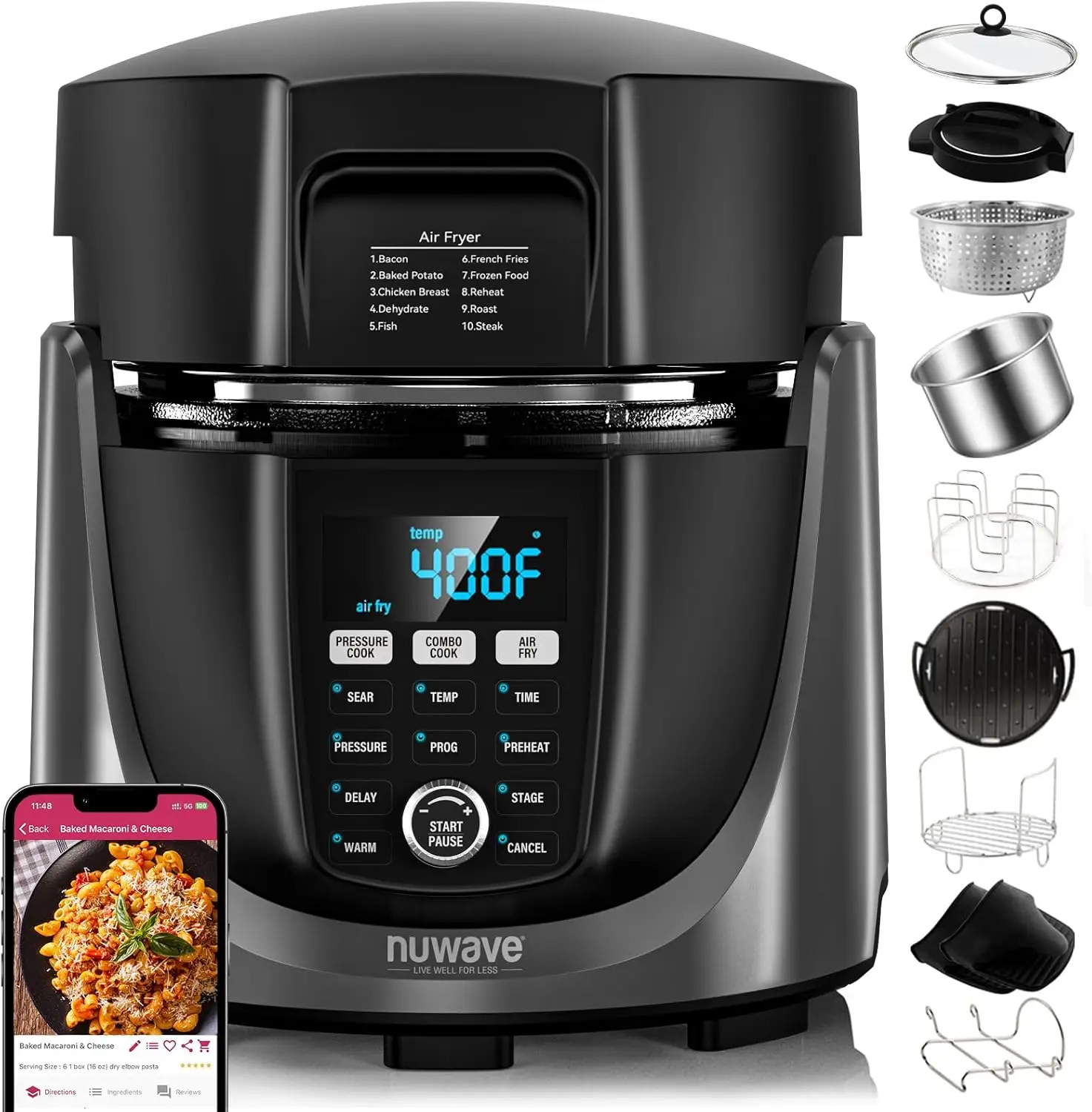 Nuwave Duet Air Fryer, Electric Pressure Cooker & Grill Combo, 540 IN 1 Multicooker with 3 Removable Lids That Slow Cook