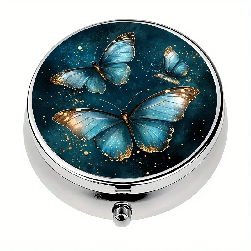 1-piece pill box, 3-compartment blue butterfly glitter-themed mini pill box, medication storage box, unique gift for travel
